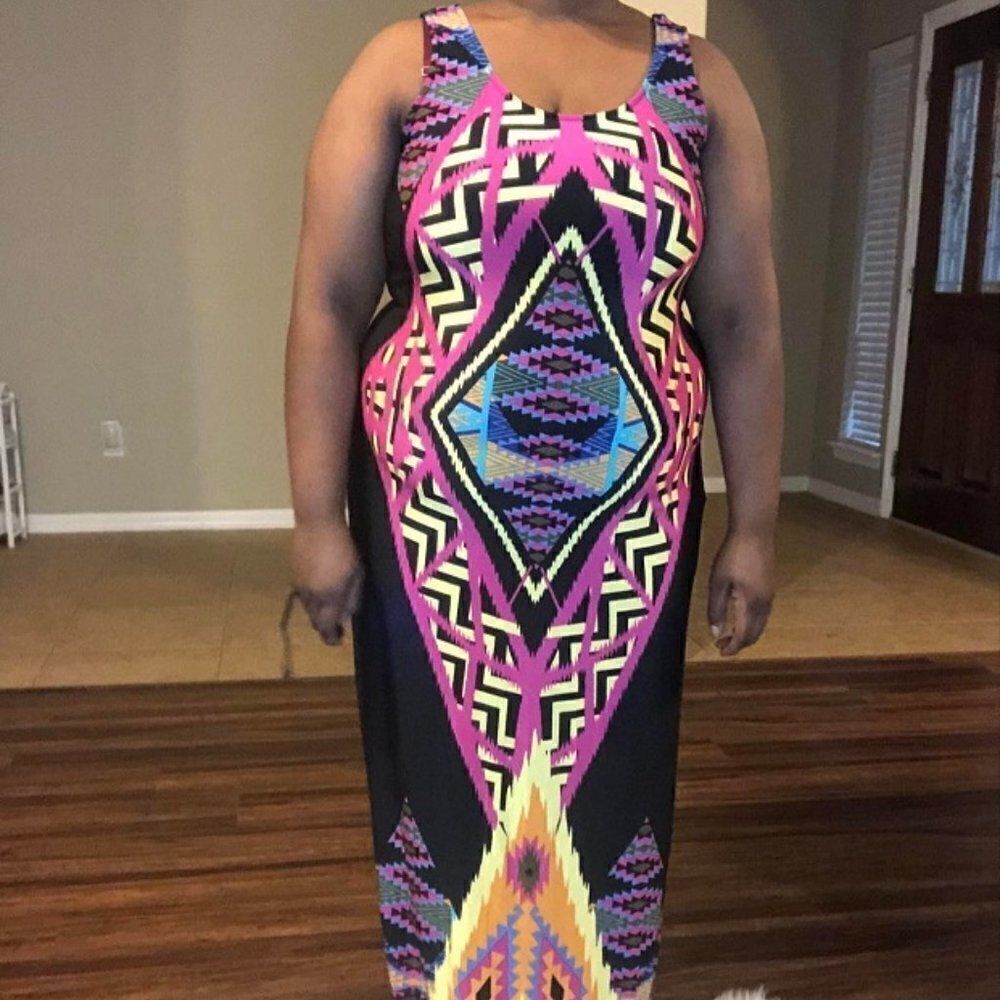 BLACK PLUS SIZE TRIBAL MAXI DRESS